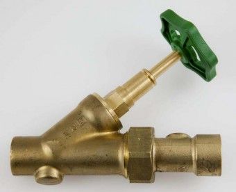 Schrägsitzventil 22 mm mit Entleerung mit beids. Lötmuffe und Verschraubung 