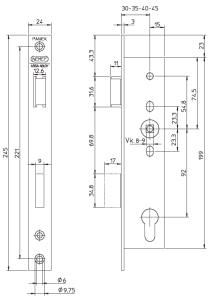 NEMEF Rohrrahmenschloss 9967308201, 92 mm Entfernung,35 mm Dorn, DIN rechts, 