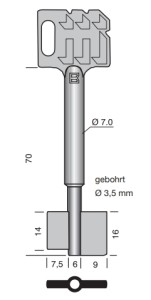 Mauer Doppelbartschlüsselrohling mit Bohrung 3,5 mm, Gesamtlänge 90 mm