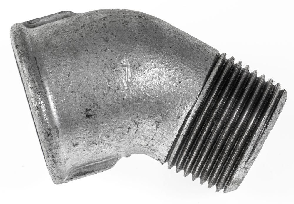 Temperguss verz. Winkel # 121, 1' 45°, Innen/Außengewinde